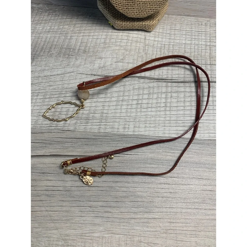 Grace Leather Cord Necklace Gold Tone Marquise Stone Bead Boho 30 Inch
